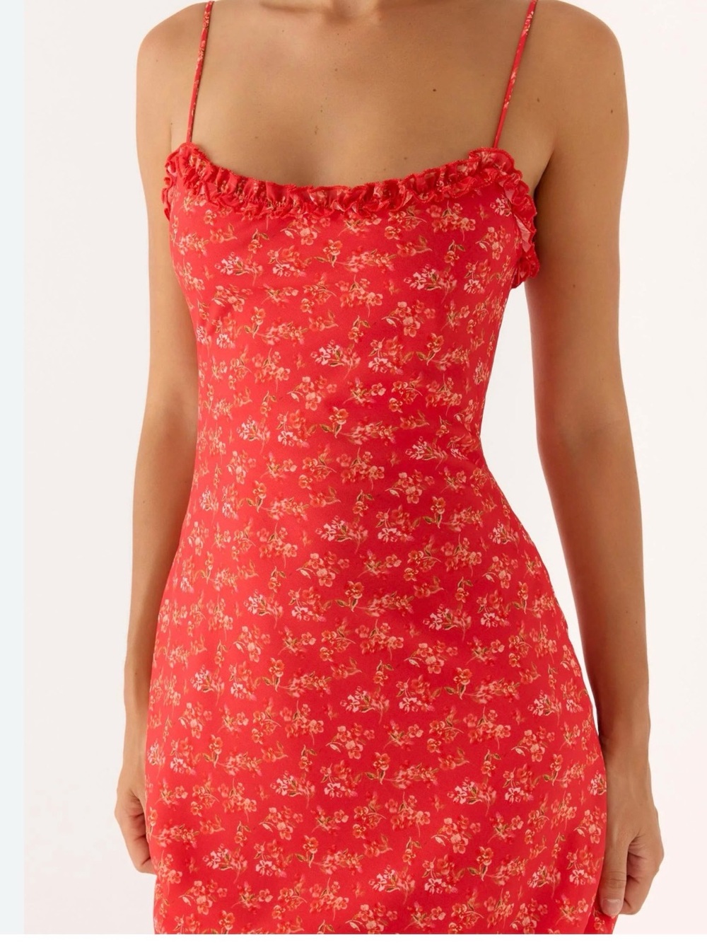 Peppermayo Kahio Midi-bright magenta-red floral slip dress. Breezy chiffon